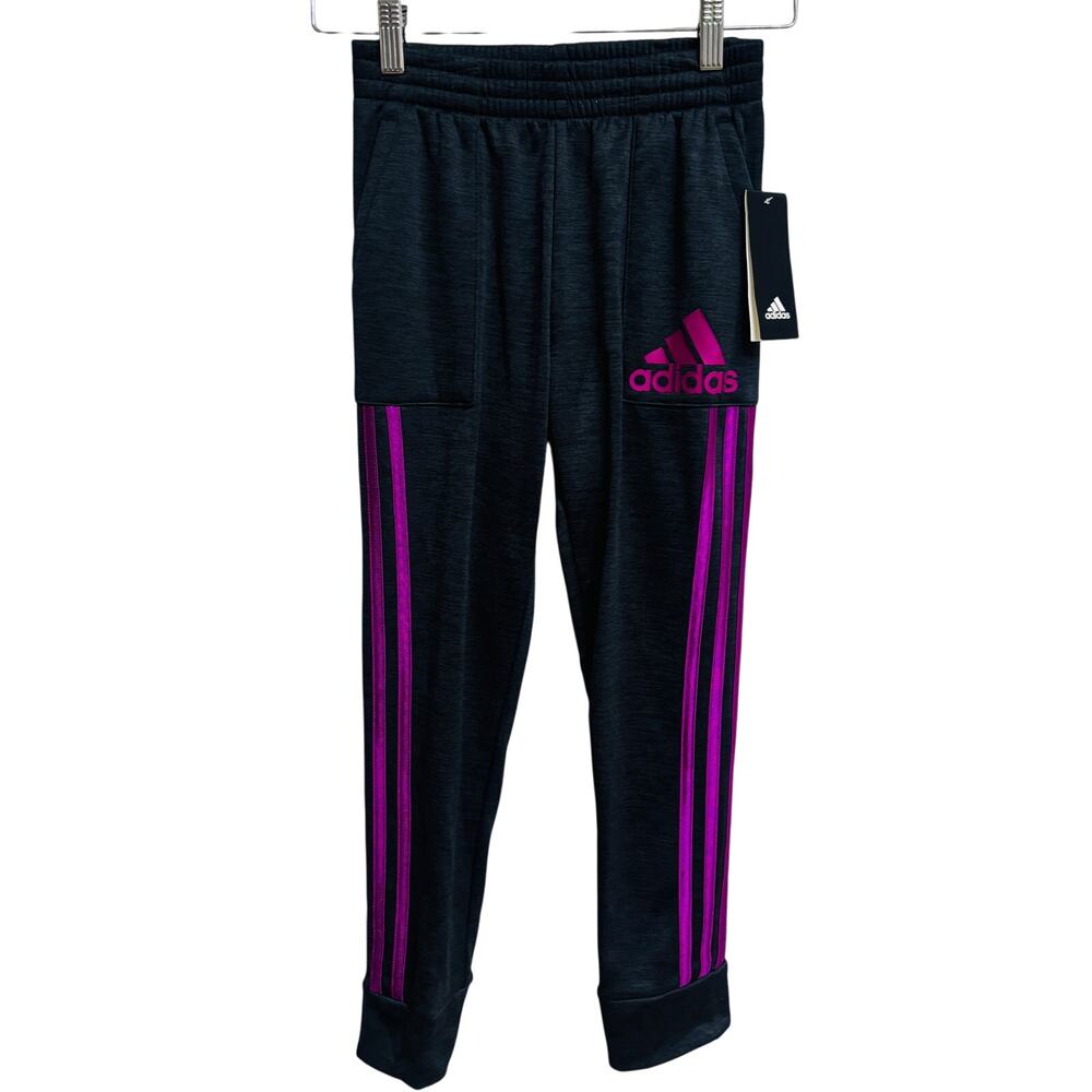 Adidas Girls Jogger Pants 7 8 Black Pink Stripe Logo Athletic Sweatpants New